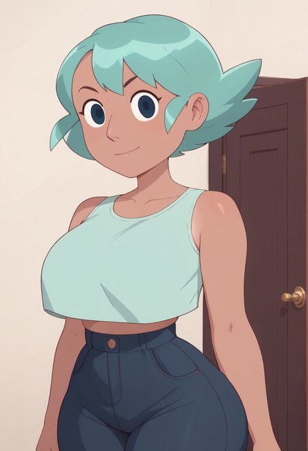 ((White background)),score_9, score_8_up, score_7_up,score_6_up, 
1girl, Solo, Cass_BAP, light tanned skin, dark blue eyes, mint green hair, short hair, aqua-tinted tank top, dark blue pants, white and red boots, huge breasts, smirk, narrow waist, huge hips,huge thighs, huge ass, tall stature, big eyes, looking at viewer, cowboyshot, perfect eyes