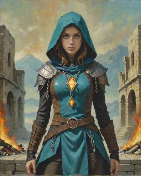 1 girl, adult (elven:0.7) woman, freckles, teal eyes, light brown layered hair, ombre,  BREAK  portrait, looking at viewer, solo, from front, front view, half shot, detailed background, (occult,  cultist theme:1.1), purifier, knowing smirk, silver trimmed   (studded:0.8) leather clothes, pockets, , buckles, , chains, flaming wooden torch , shadowed face, hood, hunting heretics, , sinister aura, , inquisition, ancient ruins, in background, autumn, twilight, occult atmosphere,   <lora:TCD-SpeedUp-SDXL-PAseer:1>  orbitgood-SDXL