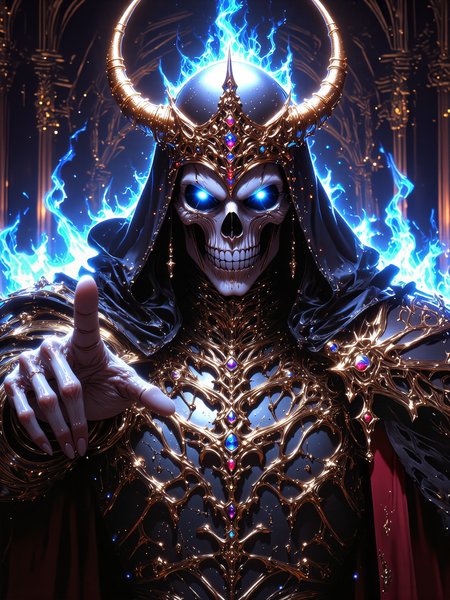 famous fantasy artwork, masterwork, highly aesthetic, hyper-realistic, uhd, 8k, 4k, beautiful, dramatic, epic, ornate, accurate, vibrant, dynamic composition, living in the night, 'neath devils torn asunder, you call on me to solve a crooked rhyme, as i'm closing in imposing on your slumber, you call on me as bells begin to chime, are you on the square? are you on the level? are you ready to swear right here, right now before the devil? the background is a dark symmetrical cathedral interior with golden accents, dim and cold light, eldritch horror, unnatural angles, lovecraftian, cthulhu mythos, large cape, dark hood, magic vapors, aura of blue fire, cold blue fire, cyan burning eyes, desiccated skeletal hand with 5 fingers engulfed in blue flames, pointing at viewer, perfectly symmetrical armor, grinning maw, perfect teeth, hood and crown with symmetrical golden horns, deep black, polished gold, night blue, azure blue, ovg, mythp0rt, hkdeath, <lora:style-mythic_fantasy-v2-flux-by_velvets:0.68> <lora:living_death-flux-by_hailoknight:0.92> <lora:epic_gorgeous_details-balance-flux-by_flyway:0.68> <lora:image_enhancer-flux-by_dever:0.68>