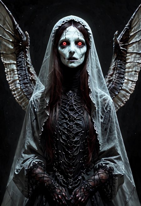 high quality, detailed, concept art, horror, realistic, 1ly4, 1girl, solo, serene expression, monstrous thousands of eyes and wings, deep vivid colors, rich colors, vibrant, expressiveH, veil, ph4nt0m01l