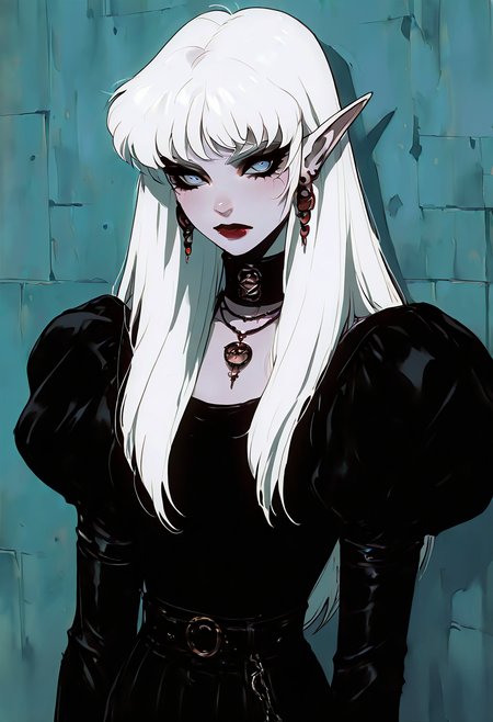 (masterpiece, best quality, good quality, very aesthetic, absurdres),    1girl, solo, eyelashes, (beautiful eyes),   1girl, solo, long hair, breasts, looking at viewer, bangs, blue eyes, long sleeves, jewelry, closed mouth, upper body, white hair, earrings, choker, pointy ears, puffy sleeves, belt, necklace, collar, colored skin, lipstick, juliet sleeves, elf, wall, long hair, looking at viewer, blue eyes, long sleeves, closed mouth, upper body, white hair, pointy ears, puffy sleeves, colored skin, red lips  ,<lora:GothRetroNAI:1.0>,