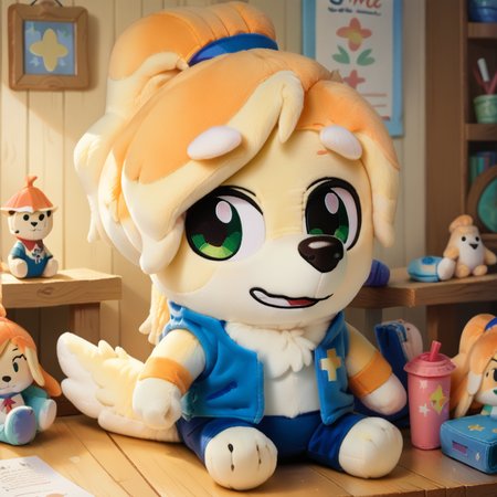 score_9, score_8_up, score_7_up, BREAK  <lora:friskyb:1> friskyb, furry, ponytail, smile, room,  <lora:woafu_plushify_pony:0.8> plushify, character stuffed toy, chibi