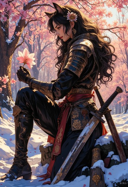 masterpiece, best quality, create a detailed oil painting in a A cat ronin in ornate samurai armor stands in the middle of an early spring field of cherry blossoms with small bits of snow left over. The ronin holds one of the blossoms tenderly in her gloved palm, looking at it with a gentle expression. Her long, flowing hair is adorned with small cherry blossom petals carried by the gentle breeze and a thin layer of snow. Beside her, on her leg, lies a large katana decorated with intricate engravings. Sunlight filters through the petals, casting a warm golden glow onto the scene, enhancing the romantic yet powerful atmosphere. The colors of the painting are rosy blue. HD32K, hyper detail, best quality. Micro details, facture surface, detail snow and ground, Cinematic, beautiful, vibrant, masterpiece, 32k, ultra HD, ultra-detailed, amazing quality, amazing artist, sharp edges, detailed textures, full view, atmospheric lighting, amazing visuals