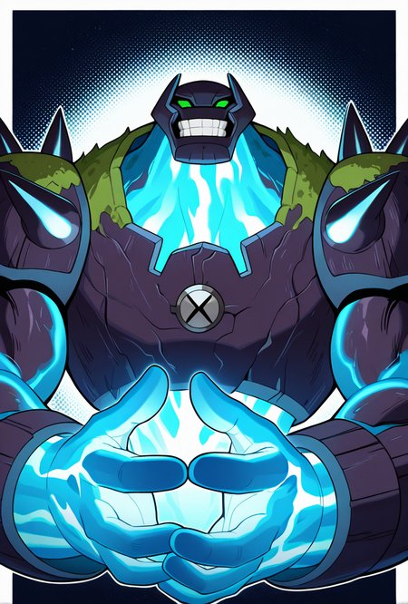 <lora:shockrock-09:1> shockrock, glowing, solo, big arms, big hands, shoulder  spikes, 1boy, no humans, green eyes, blue energy body, energy body, moss gray chest plate,  smile, teeth, grin, blue hands ,blue neck, energy being, masterpiece, best quality, amazing quality, very aesthetic, absurdres, newest,, upper body, halftone effect, white borders, abstract background:1.2,