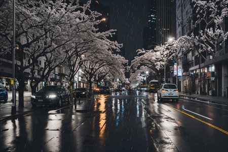 a photo of a city street in rain at night, skyscrapers, puddles, cars, asphalt road, sakura blossom trees, high quality, high resolution, very coherent, clear focus, well defined,
