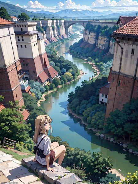 (anime screencap:1.4), (intricate:1.5)
a girl sitting on a ledge looking out over a valley and a river with a mountain in the background and a valley below her, with a river running through the valley, and a cliff,  anime visual, very detailed anime art, fantastic realism