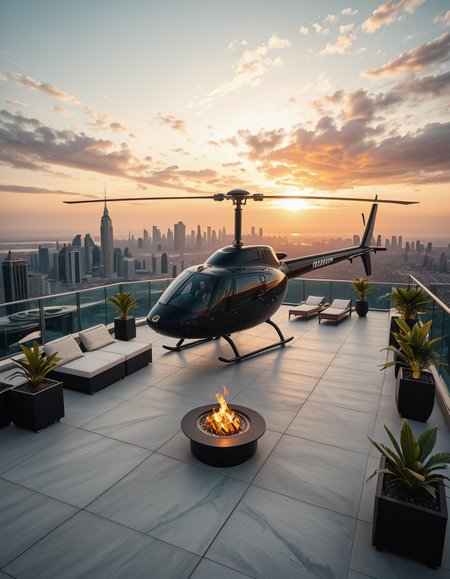 A high-resolution photo of a luxurious rooftop of a five-star hotel at sunset, featuring a sleek helipad with a high-end, matte-black private helicopter elegantly parked. The rooftop is designed with ultra-modern architecture, featuring a spacious terrace with infinity-edge glass railings, ambient lighting, and a panoramic city skyline in the background. The surface of the helipad is clean, polished concrete with clear illuminated markings. Surrounding the helipad, there are lounge areas with modern outdoor furniture, minimalist fire pits, and decorative planters with tropical greenery. The lighting is warm and golden, casting soft shadows and highlighting the contours of the helicopter and the textures of the rooftop. The sky is dramatic, painted with hues of orange, pink, and violet, creating a cinematic atmosphere of luxury and exclusivity. The overall mood is elite, calm, and aspirational, showcasing the ultimate in urban luxury lifestyle.
<lora:SDXLFaeTastic2400:0.4> <lora:extremely_detailed:0.4> extremely detailed,helipad r00ft0p <lora:helipad_r00ft0p-i:1>, Masterpiece,best quality,hi res,8k,hi res,8k,award winning,(sharp focus, intricate, highly detailed),