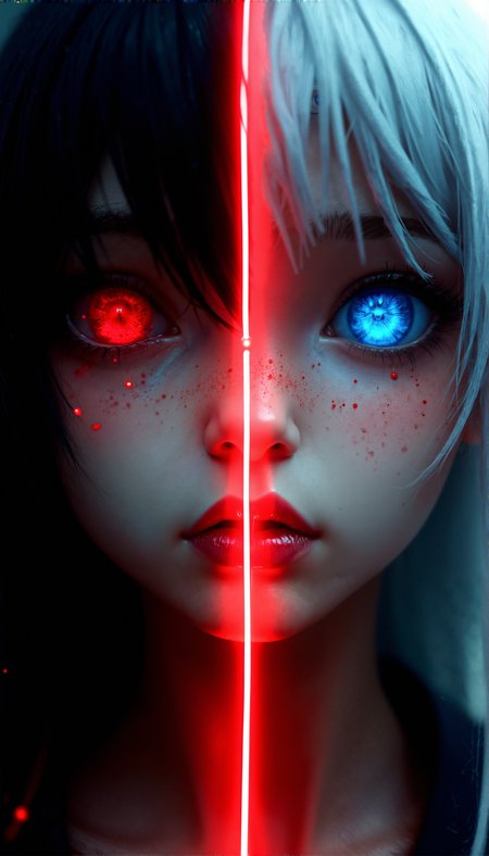close-up of a character with a face divided in half, featuring one side with dark hair and a red eye, the other with white hair and a blue eye, illuminated by a central, glowing red line.

cinematic lighting, extremely intricate detail character, accurate depiction of character, correct body anatomy, correct hands and fingers, extremely intricate skin and facial skin texture detail, lifelike potrayal, extremely realistic lighting, extreme dynamic pose. Extremely sharp detail without blurring.













