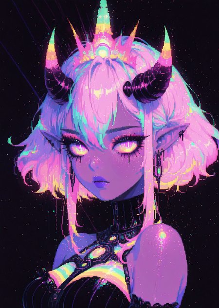 dynamic angle, cinematic photo city, neon, masterpiece, best quality, amazing quality, very aesthetic, light particles, night, scenery, ultra detailed, BREAK ImHigh, 1girl,solo,breasts,looking at viewer,hair between eyes,bare shoulders,jewelry,closed mouth,upper body,pink hair,sidelocks,multicolored hair,earrings,horns,pointy ears,pink eyes,makeup,colored skin,crown,lipstick,black background,short hair with long locks
 pastel pixel art, soft neon glow, dreamy aesthetic, iridescent highlights, vaporwave fantasy, ethereal colors, retro pixel style, gentle pixel shading, luminous reflections
,<lora:Pastel_Pixel_Art_r1:1>, <lora:Urban_Fantasy_Waifu:1> ,
vibrant, light particles, light rays, dust particles, directional light, detailed background, ambient occlusion, (scenery:1.2, volumetric lighting) distant bright light source ,masterpiece,best quality,amazing quality,