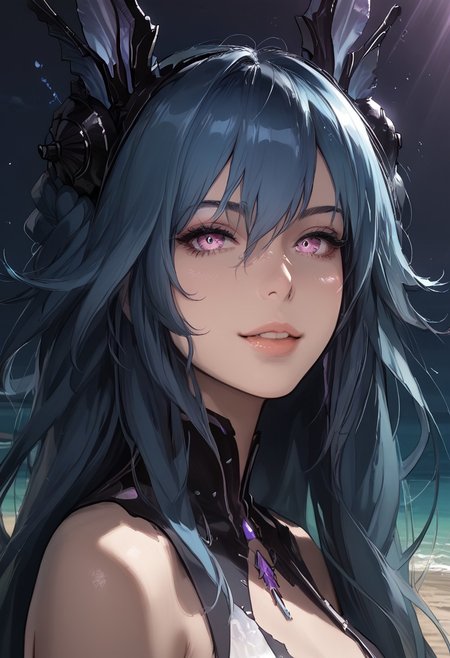 masterpiece, best quality, highres, absurdres, realistic, realistic skin texture, realistic hair, best quality, very aesthetic, perfect face, extremely detailed eyes, score_9, score_8_up, score_7_up 
BREAK
1girl, God rays, portrait, on a beach, evening, dynamic angle, side view, looking at the viewer, LostLullaby, light purple eyes, blue hair, long hair, Lost clothes, headgear
BREAK
dark background, fairy light, dark light, cute face, light smile