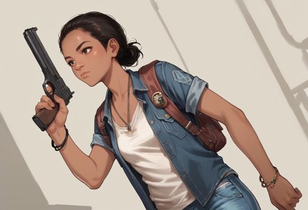 score_9, score_8_up, score_7_up, score_6_up, Riley-Abel, TLOU, 1girl, solo, shirt, black hair, closed mouth, brown eyes, denim jacket, tank top, cowboy shot, dutch angle, dark skin, necklace, holding, gun, handgun, pistol bracelet, lips, backpack, freckles, nose, anime, general