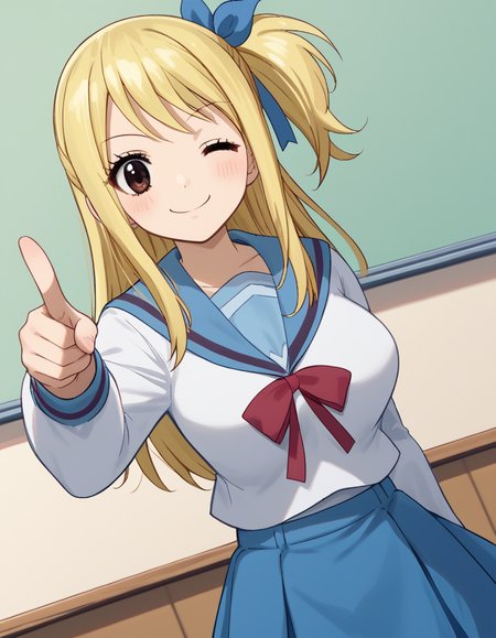 score_9, score_8_up, score_7_up, source_anime, lucyheartfilia, <lora:lucy-heartfilia-s7-ponyxl-lora-nochekaiser:1>, lucy heartfilia, blonde hair, brown eyes, long hair, one side up, ribbon, hair ribbon, blue ribbon, large breasts,, <lora:haruhi-suzumiya-cosplay-ponyxl-lora-nochekaiser:1>, haruhisuzumiyacosplay, suzumiya haruhi \(cosplay\), skirt, long sleeves, school uniform, serafuku, sailor collar, blue skirt, blue sailor collar, winter uniform, kita high school uniform,, classroom, one eye closed, pointing at viewer, smile, blush,, cowboy shot, dutch angle, solo,