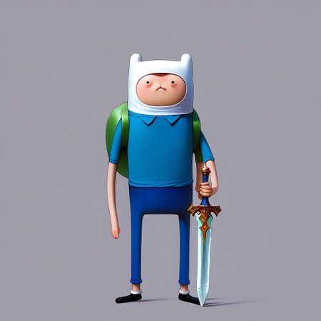 score_9, score_8_up, score_7_up, source_anime, (best quality:1.1), (masterpiece:1.2), (realistic:1.2), (detailed:1.1), (highres, best quality:1.2), adventure time, Expressiveh,
1boy,finn the human, \(adventure time\), dot eyes, green backpack, backpack, Blue shirt, shirt, Blue short, short, with hat,
solo, closed mouth, collared shirt, full body, sword, looking at viewer, standing, holding sword, angry stare,