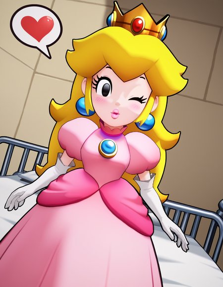 score_9, score_8_up, score_7_up, source_anime, <lora:princess-peach-brothership-ponyxl-lora-nochekaiser:1>, princess peach, blonde hair, black eyes, long hair,, crown, dress, gem, gloves, pink dress, puffy short sleeves, puffy sleeves, short sleeves, white gloves,, hospital, beds, doctors, patients, medical, smile, <lora:blowing-kiss-ponyxl-lora-nochekaiser:1>, blowing kiss, pucked lips, heart, one eye closed, o3o, hand up, bed room, bed, blush, cowboy shot, dutch angle,, looking at viewer, solo,, dutch angle, cowboy shot