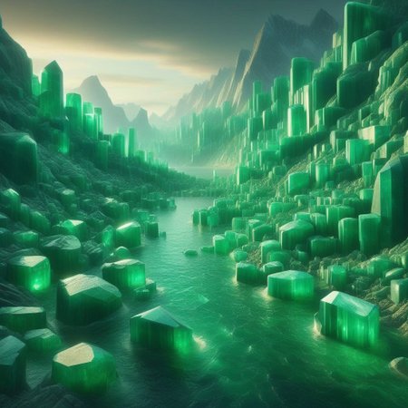 emeraldmorph, Liquid Marble Lake, Golden accents, aurora borealis?! a sea of cut emerald,
