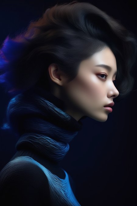<lora:Zhang Jingna Style:1>Zhang Jingna Style - close up half profile shot, dramatic pose, dynamic pose, delicate skin texture, short Rembrandt Lighting, blue shadows, blue light, in a complex beautiful colorful and glossy black fabric designed and product rendered quality thick turtleneck sweater, colorful glossy hair, on black background, hyper detailed texture of wavy long hair, poster like, surrealism