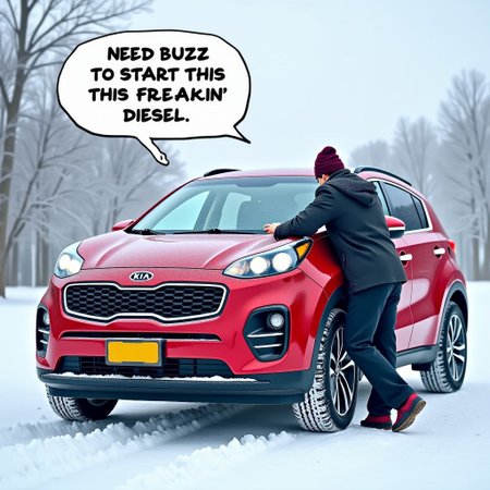 A KIA Sportage parked in a frigid winter Scene with a guy leaned over the open hood.  Speech bubble says "Need buzz to start this freakin' diesel"
