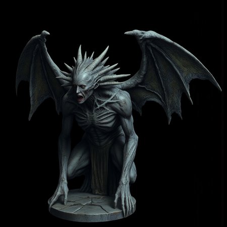 A surreal stone gargoyle with a human face, tattered stone carved wings, design, spiked hair, displaced and morphed facial features
Set against a solid dark black color background to emphasize its unsettling unnatural form that emphasizes its silhouette. The medium is not a traditional painting or illustrative medium like watercolor or ink but rather a digital 3D rendering.
MikeFranchinastyle, d4artstyle, d4concept, , bbstyle,, horror theme,, zbrush, ZBClay model of a gray sculpture, 1990's, 1990's style