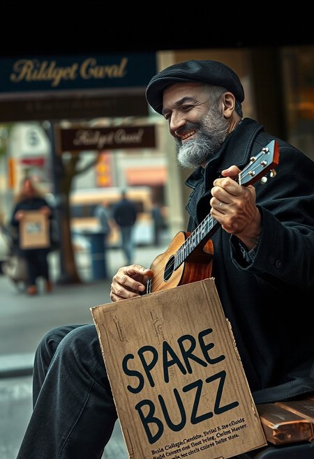 Realism, Real life, Realistic, high quality, great anatomy, accurate, 1man, black berret, black coat, short beard, playing ukulele, smiling, sitting, bench,
Cardboard, text,
"SPARE BUZZ", detailed text,
Side view, dynamic angle, from below, city street