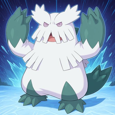 2d, solo, Pokemon (creature), Abomasnow, shaggy white fur, greenish fur, two tone fur, pale purple sclera, black pupils, fur over mouth, head tufts, spiky tail, 

BREAK standing, hands raised, looking at viewer, abstract background, open mouth

BREAK best quality, amazing quality, very aesthetic, absurdres, newest, masterpiece, high quality