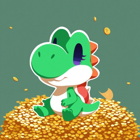 pppstyle, solo, score_9, score_8_up, score_7_up, chibi, yoshi, mario_series, green body, sitting in pile of gold coins
