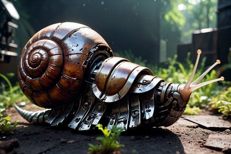 action shot,  cybernetic snail, robotic cyborg gastropod,( unusual shapes:1.3), cracked steel shell, black-and-white_ paint flaking off dirty armor plates, rust specks, BREAK dynamic pose garden tending, subsurface scattering, highly detailed damage and technological detail, photorealism, hyper realistic, shot on 65mm,  subsurface scattering, Photorealistic, Hyperrealistic, analog style, realistic, film photography, soft lighting, heavy shadow, light depth, dramatic atmospheric lighting, Volumetric Lighting, highly detailed