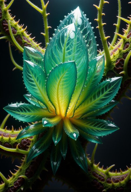 Colors burst with vivid life and shades of green.  Bands of white light dash across the canvas. High saturation and contrast. sharp lines come into focus. Droplets of rain accumulate on leaves. Leaves appear as shattered glass. Electric snails crawl on the surface of a mysterious plant. The plant is made of glass. A mysterious ecosystem made of crystalline glass. Vines, spores and bark.