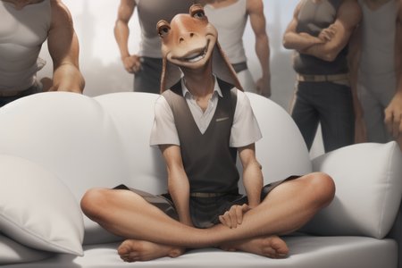 jar jar binks, multiple boys, surrounded, sofa, 6+boys, 5boys, 1girl, solo, sitting, indian style, school uniform, v arms, skirt, white shirt, masterpiece, best quality, <lora:jarJarBinksGunganStar_v3:0.6> <lora:piperPerriMeme_v11:0.9>
