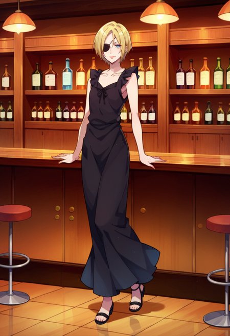 score_9,score_8_up,score_7_up,score_6_up,score_5_up,score_4_up,anime coloring,source_anime,<lora:K.K._Kekkai_Sensen_Pony:0.8>,kk,1girl,blue eyes,blonde hair,short hair,eyepatch,lipstick,black dress,sandals,smile,bar,