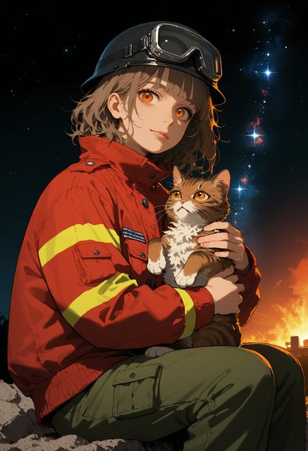 score_9, score_8_up, score_7_up,1girl,solo,mature,hazel hair,messy hair,medium hair,blunt bangs,orange eyes,perfecteyes,wearing firefighter outfit,high neck jacket,(red jacket),cargo pants,helmet,goggles,sitting,hugging cat,holding cat,nebula,interstellar,cosmos,sinozick,flat colors,<lora:Sinozick_Style_XL_Pony:0.8>, <lora:add-detail-xl:1>, <lora:perfect-eyes:0.8>