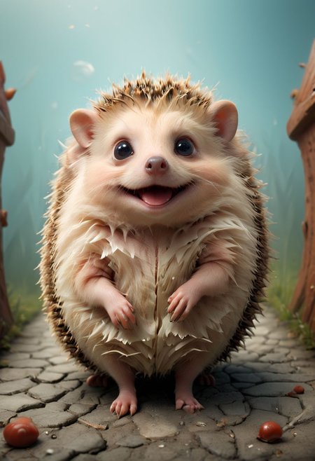 A cute, happy hedgehog, surreal