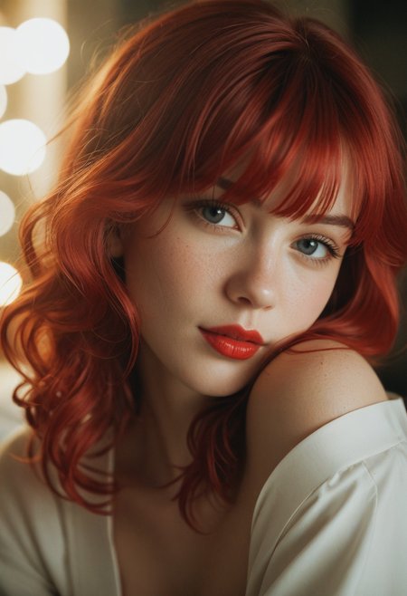 close up shot, 19yo woman, lipstick, hair waist-length red hair, bangs covering the left side of her face with a wavy mid-back length red hair strand resting on her left shoulder and her eyes are brown, kimono. shallow depth of field, vignette, highly detailed, high budget, bokeh, cinemascope, moody, epic, gorgeous, film grain, grainy，　