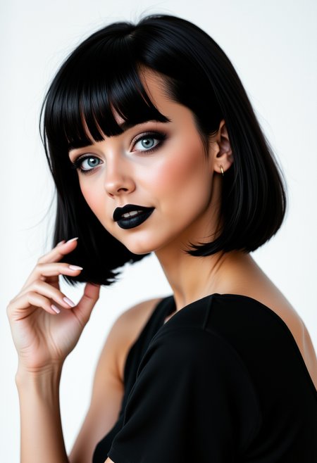 profile headshots,photoshoot poses, She is approximately 18 yearss old, dynamic angles, multiple angles,She is looking at the camera, photoshoot poses;  A photo of Mavis_real, wearing a black shirt and black lipstick,short hair, is posing for the camera with a smile on her face. simple white background.  Style: realistic hyper-detailed rendering, 32k UHD, expressive eyes, punk, graphic design, girl's face, pretty and cute, gleaming lips, telling a tale of adventure. Exuding confidence and serenity. The overall mood of the image is happy and relaxed,detailed skin texture,(blush:0.2),(goosebumps:0.3),subsurface scattering,with a playful and whimsical tone, perfect hands, detailed hand,aidmafluxpro1.1, retro50s_style, looking at the camera,looking at the camera,looking at the camera,looking at the camera,