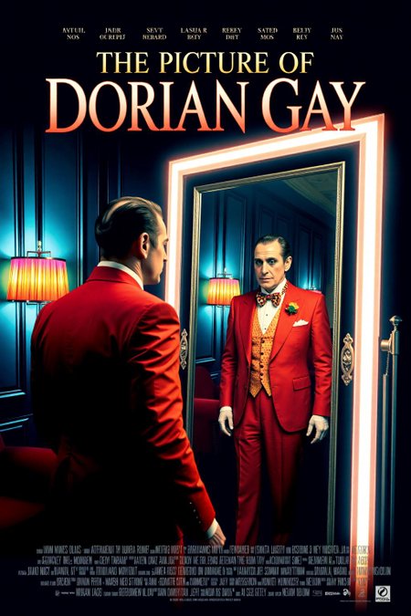 mvpstr. Epic movie poster for "The Picture of Dorian Gay". The main subject is a flamboyant, well-dressed gay man with perfectly groomed hair, gazing intently at his own reflection in a large, ornate mirror. The man's reflection shows a slightly older and more worn version of him, hinting at the theme of vanity and aging. He is dressed in a vibrant, fitted suit with an extravagant bowtie, standing in an elegant, modern room. The background features bright neon lighting with rainbow accents, giving the scene a glamorous, lively feel. The title "The Picture of Dorian Gay" is written in bold, flashy font at the top, with stylized film credits at the bottom. High contrast, cinematic lighting, pop-art style, exaggerated colors, retro movie poster design. <lora:schnell_v1.0:1.0> <lora:EpicMoviePoster-000015:1.0><lora:786449378794688741:0>