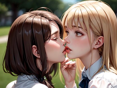 a girl kissing with a dog, dripping,