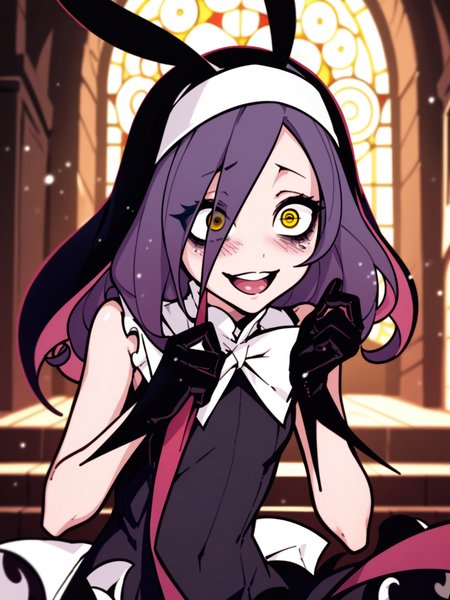 <lora:happy_tentacle-stacia-v0.3-000016:0.85>, (ht_fishstacia:1.2), flat chest, (purple hair, yellow eyes:0.8), medium hair, , (floating hair:1.1), midriff, navel, frills, bags under eyes, purple eyeliner, blush, black gloves, (ringed eyes:1.1), open mouth, crazy smile , cowboy shot, 1girl, solo focus, (petite:1.2),(surprised, wide-eyed:1), indoors, church, stained glass, night, nun, light rays, moonlight, , , depth of field, , score_9, score_8_up, score_7_up, score_6_up, score_5_up, score_4_up,