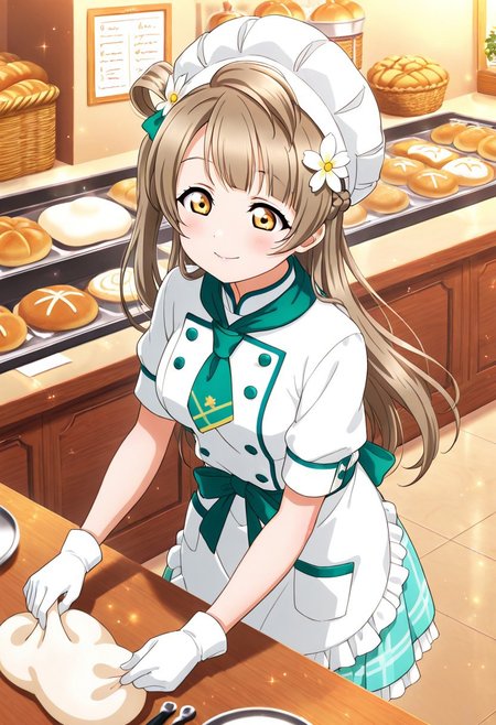 masterpiece, best quality, 
 1girl, minami_kotori, apron, bakery, bangs, braid, brown_eyes, brown_hair, chef_hat, closed_mouth, cooking, dough, dress, flower, frilled_apron, gloves, hair_flower, hair_ornament, highres, indoors, kneading_dough, light_smile, long_hair, love_live!, love_live!_school_idol_festival_all_stars, love_live!_school_idol_project, official_art, rolling_pin, solo, warm_lighting, white_apron, white_dress, wooden_table