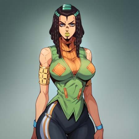 score_9, score_8_up, score_7_up, score_6_up, score_5_up, score_4_up, 1girl, dark skin, black hair, hair ornament, dreadlocks, green lips, large breasts, narrow waist, wide hips, looking at viewer, highres, high quality, masterpiece,  <lora:Ermes_Costello:1>