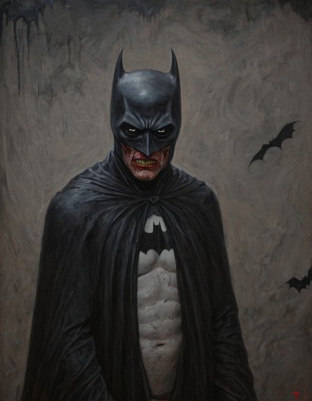 wynbrlwsty, a painting of batman with black robe, demonic, disturbing, creepy, gloomy, rotten