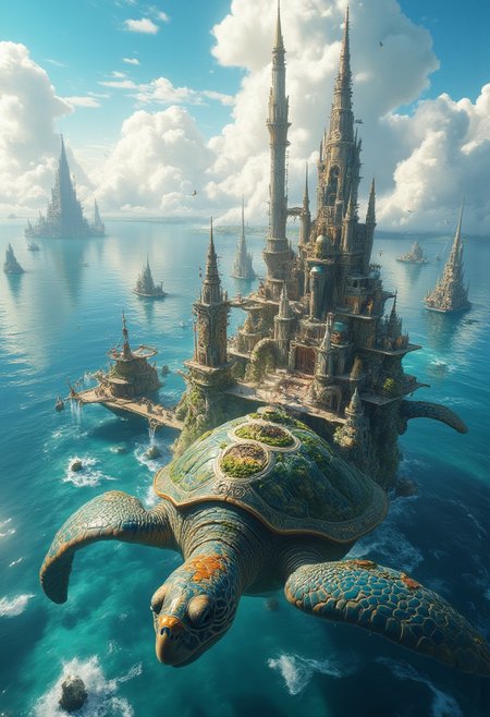 Improved cinematic photo, 35mm photograph, film, professional, 4k, highly detailed, aidmaMJ6.1,
A floating city built on the backs of giant sea turtles,
The turtles are massive, their textured shells covered in vibrant moss, coral, and ancient carvings. Atop their shells, small, intricate buildings made of wood and stone rise into the sky, connected by rope bridges and adorned with hanging lanterns that glow softly.
The ocean below is a rich, turquoise hue, dotted with gentle waves and sparkling under a radiant sun. Clouds drift lazily across a serene blue sky, with flocks of seabirds circling the towering spires of the city.
In the distance, other turtles can be seen carrying similar cities, their silhouettes shimmering on the horizon. The atmosphere is peaceful yet awe-inspiring, evoking a sense of harmony between humanity and nature in a fantastical world. The scene is detailed, vibrant, and alive with motion, blending the natural majesty of the ocean with the ingenuity of human architecture.