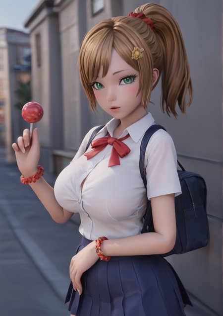 1girl, huge breast, bag, blue skirt, blush, bracelet, breasts, brown hair, candy, collared shirt, day, food, green eyes, hair ornament, hair scrunchie, hairband, hand up, head tilt, jewelry, lollipop, looking at viewer, medium hair, neck ribbon, outdoors, parted lips, pleated skirt, ponytail, red ribbon, red scrunchie, ribbon, school uniform, scrunchie, shirt, shoulder bag, skirt, solo, upper body, white shirt, wing collar, wristband, 3d,elin,zPDXL3 <lora:tera_elin:1>