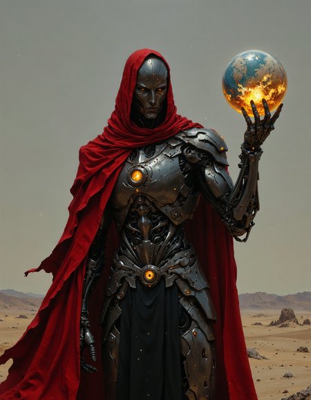 hyper-realistic image of a humanoid robot with a sleek and detailed design. The robotâs head and torso are covered in futuristic armor plating, featuring glowing accents that indicate its operational status or energy flow. The robot is draped in a flowing, tattered red cloak that obscures part of its form, adding an air of mystery. holding a big glowing orb in his hand that represent earth globe. The setting is a barren desert landscape with soft lighting that creates a moody atmosphere. The robotâs pose is contemplative, suggesting intelligence, <lora:flux.1_lora_flyway_Epic-detail_v2:0.7>, <lora:Elden_Ring_-_Yoshitaka_Amano:0.4>, <lora:- Flux1 - soothing_atmo_V2.0:0.4>, <lora:FluxMythP0rtr4itStyle:0.4>, <lora:fluxenhancer:0.35>