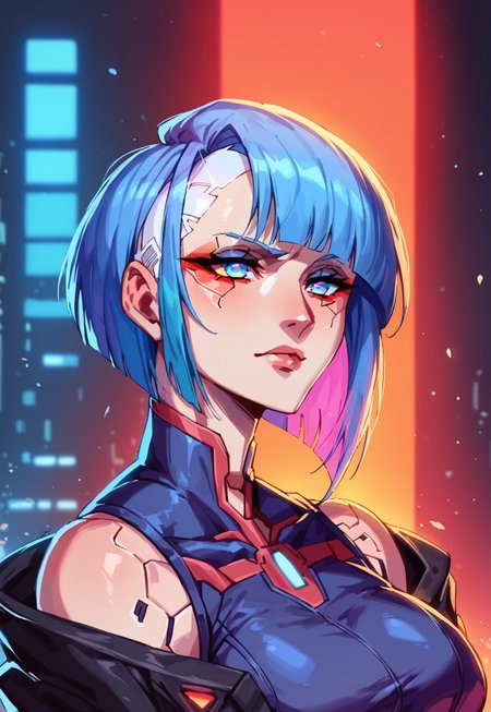 safe_pos, score_9, score_8_up,score_7_up, score_6_up, 
<lora:cyberpunk-lucy-s1-ponyxl-lora-nochekaiser:1>, lucy, short hair, bangs, blue eyes, blue hair, multicolored hair, makeup, multicolored eyes, large breasts,sassy, confident, teasing, thin female, masterpiece, cyberpunk, crisp, detailed background, thoughtfull, detailed eyes, perfect eyes, deep colors, vibrant colors, shadows, reflective light,
<lora:Lunas-Micaela-MrPotatoParty-SDXL-A1:1>
