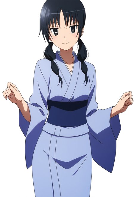 masterpiece, best quality, absurdres, detailed skin, detailed eyes, detailed face, anime colored, anime screencap, anime colored,
<lora:Uomi_Chihiro:1>, 1 girl, uomi, black eyes, smile, looking at viewer, 
light blue kimono, cowboy shot, 
((white background)),