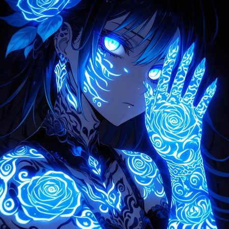 A close-up of an Floral rose anime character with glowing blue Floral rose tattoos covering their hand, the tattoos emit a mystical and ethereal glow. The character has piercing eyes that match the neon blue glow, with soft, shadowy lighting around their face. Their hair is sleek, and their expression is mysterious and intense. The overall mood is dark and dreamlike, with high-contrast lighting, focusing on the intricate details of the glowing tattoos. The setting is minimalistic, emphasizing the character's supernatural aura. Artgerm, cloisonnism