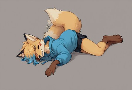 score_9, score_8_up, score_7_up, csr style, solo, depth of field, solo, male, masterpiece, best quality, absurdres, highly detailed, 
source_furry, looking at viewer, smile, paws, fox, sharp tooth grin, multicolored hair, hair tuft, blue tip dyed hair, eyes closed, squint, golden fur, mainly golden hair, hair tuft over one eye, blue eyebrows,
BREAK, foenix, black face markings, whisker marks, kitsune facial marks, brown hands, brown feet, yellow earfluff, cute, facial markings, black ears, blue tip dyed hair, blue eyebrows, closed eyes, squint,
BREAK, blush, smiling, happy, looking_at_viewer, score_7_up, score_8_up, score_9, by nomifuk, cute:1.2, tailwag, wink, grin, oversized cyan hoodie, dark hood,  black shorts, 
BREAK, masterpiece, best quality, highres, intricate details, 4k, stunning,  (fullbody, feet), beautiful lighting, soft lighting, Score_9_up, score_8_up, score_7_up, body pillow, body pillow cover, dakimakura