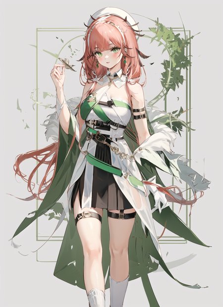 ((masterpiece,best quality)), 4k, highres, 1girl, solo, white and green strapless dress, black skirt, fingerless gloves, thigh strap, detached collar, belt, standing, <lora:EratoV3LLR:0.8>