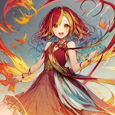 score_9,score_8_up,score_7_up,score_9,score_8_up,score_8,ultra detailed, beautiful face, highres, Expressiveh,
BREAK, 1girl, solo, kamiya yuu, no game no life, official art, 
gradient hair, multicolored hair, multicolored eyes,
(red hair:1.3), curly hair, yellow hair ends, yellow highlights, phoenix girl, red eyes, yellow eyes, gradient eyes, red dress, bare shoulders, straps, slight cleavage,
happy, looking at viewer, giddy, smile, open mouth,
jyojifuku, dress, phoenix dress, fire element, composed of fire elements,