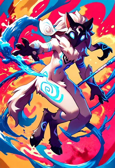 score_9, score_8_up, score_7_up, score_6_up, score_5_up, score_4_up, source_furry, source_anime, BREAK, standing up with a glowing spear in one hand, (tribal outfit,spear, tribal markings, tribal paint, mask with glowing eyes, mask) action pose,anthro, looking at viewer,lamb_lol,body fur, long hair, grey fur, body markings, glowing eyes, tail, colored skin, white fur, hooves, shiny skin, grey hair, blue eyes, animal ears, mask, femboy, 1boy,male focus,looking at viewer,full body,furry, no human,illustration, tail, fortnitelsxl, aura, energy, multicolored background, thick multicolored outline, background: waves of paint, reij-splshpwdr, ink lined illustration, Kemono