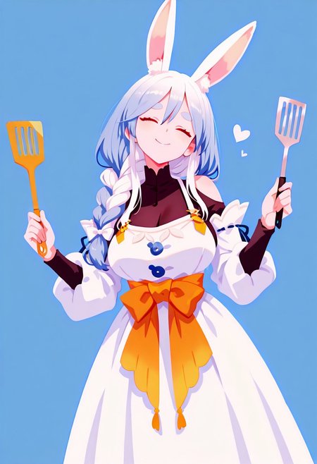 masterpiece,best quality,amazing quality, solo, p4k0mm, closed eyes , smile,rabbit girl, animal ear fluff, large breasts, red eyes, short eyebrows, thick eyebrows, multicolored hair, blue hair, white hair, long hair, hair between eyes, braided ponytail, white hair bow,holding a Spatula,bodystocking, shoulder cutout, white dress, long dress, see-through cleavage, dress bow, orange bow, detached sleeves, 
simple background, blue background,love symbol,haiz_ai, no lineart,no outline ,<lora:ponyv6_noobE11_2_adamW-000017:0.3> <lora:MeMaXL4:0.8> <lora:veluflora-wai:0.4> <lora:haiz_ai_illu:0.7>,